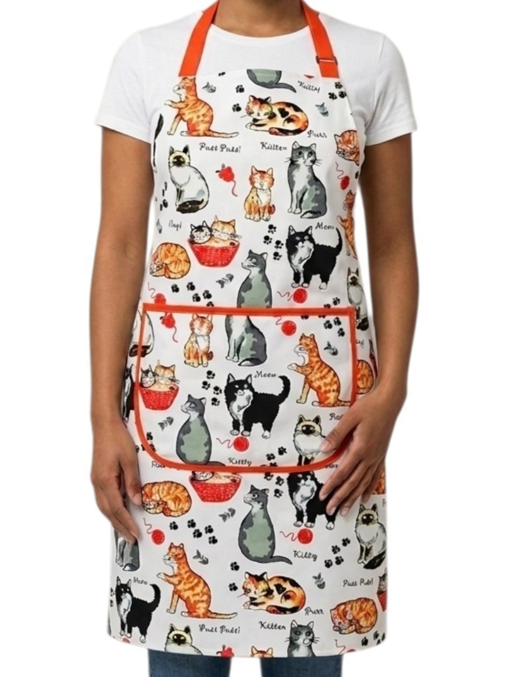 CAT LOVER Novelty Kitchen Apron Front Pocket Red Trim All Over Kitten Print